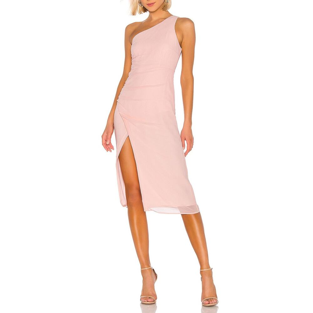 NBD Romina Midi Dress Blush Pink One Shoulder Ruched Chiffon Slit SZ XS NWT